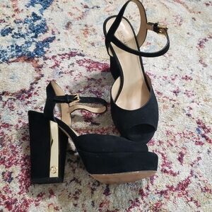 Michael Kors Black London Platform Peep Toe Heel with Ankle Strap Size 7…